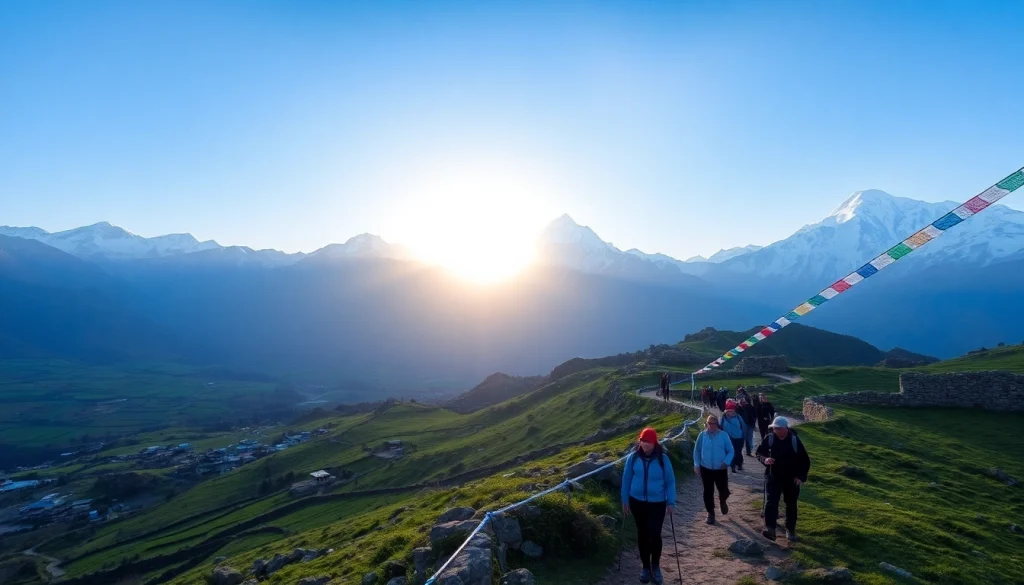 Manaslu trekking scene with snow-capped peaks and lush valleys