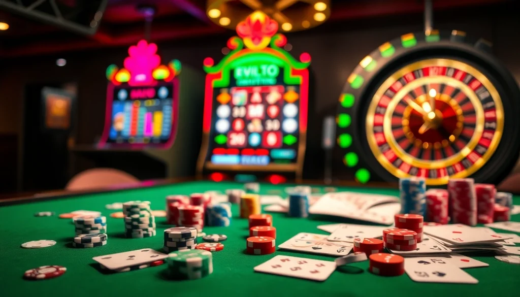 Experience thrilling gameplay with dinamit4d at a vibrant casino table, surrounded by poker chips and a spinning roulette.