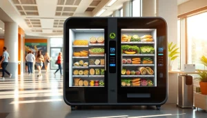Healthy food vending machine offering fresh salads, fruits, and nutritious snacks in a bright environment.