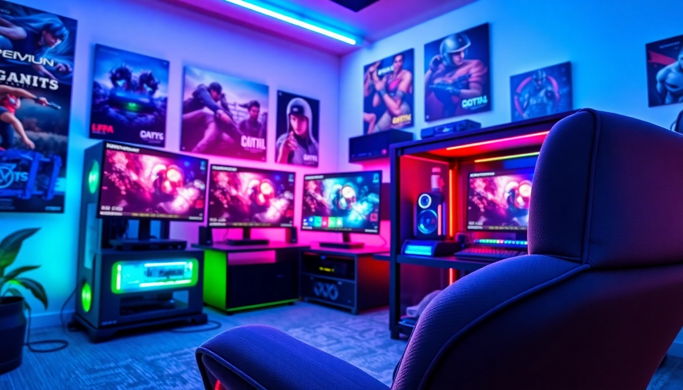 Gamer's setup showcasing latest PC gaming news on screens, vibrant lighting and modern design.