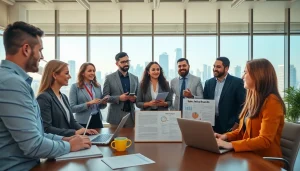 Professionals discussing effective sales job boards in a collaborative office space.