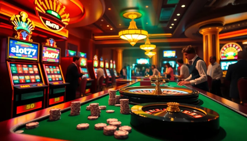 Exciting casino scene featuring slot777 login with vibrant slot machines, poker chips, and a roulette wheel.