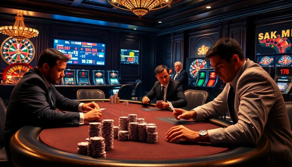 Exciting poker game scene with sa88 betting odds in a luxurious casino environment.