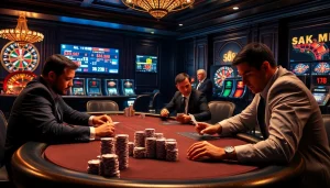 Exciting poker game scene with sa88 betting odds in a luxurious casino environment.