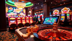 Experience the excitement of OKLIVE with captivating casino visuals featuring poker tables and slot machines.