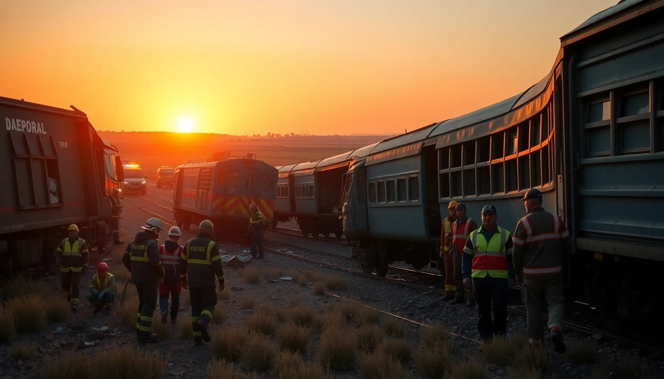 Spain train crash scene with emergency responders aiding victims and wreckage visible.