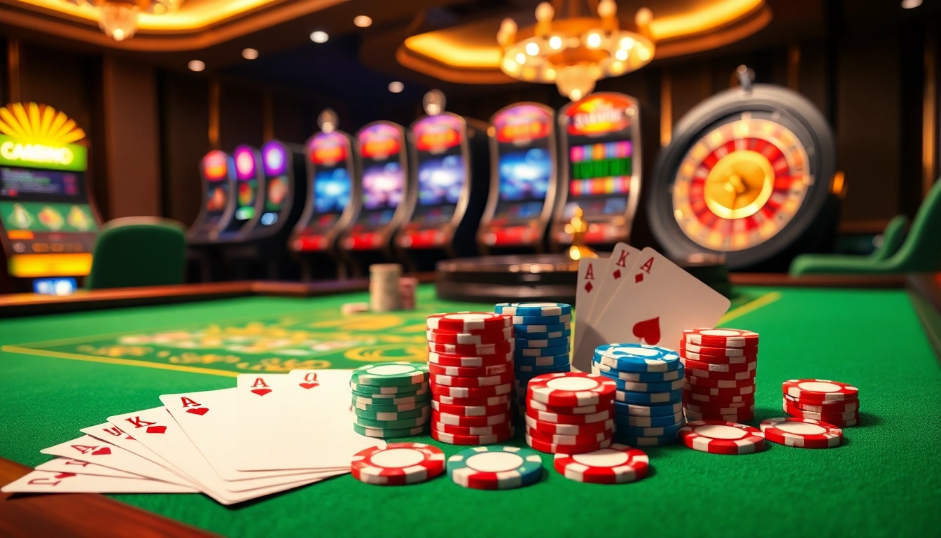 Un cadre vibrant de casino en ligne présentant une table de casino avec des jetons colorés, des machines à sous illuminées et une roue de roulette en rotation.