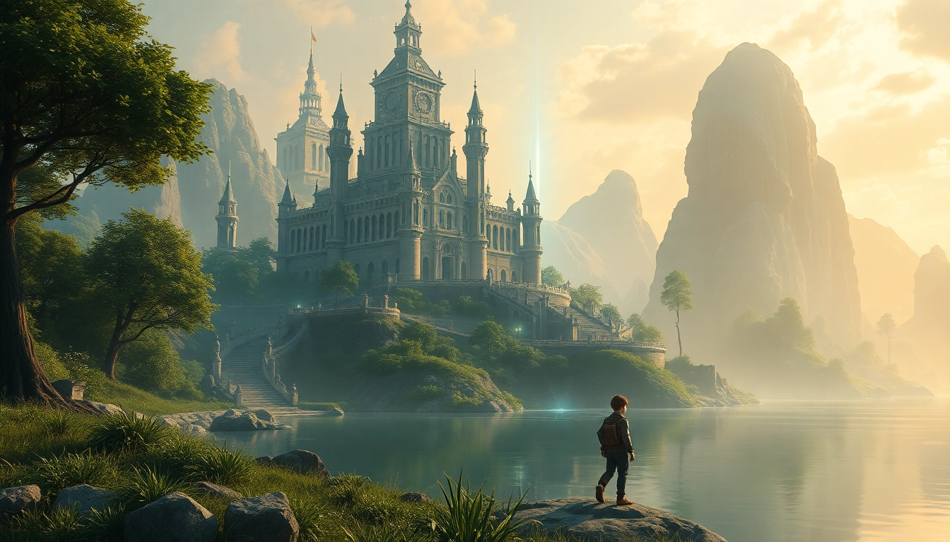 Ico-themed futuristic landscape with a castle and glowing digital elements