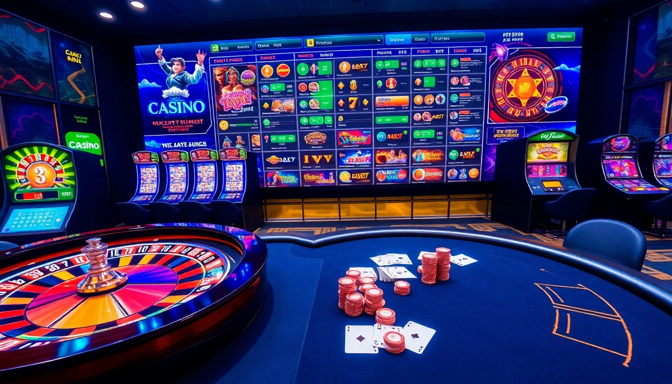 Découvrez l'excitation du casino en ligne avec une configuration de jeu élégante comprenant la roulette et le poker.