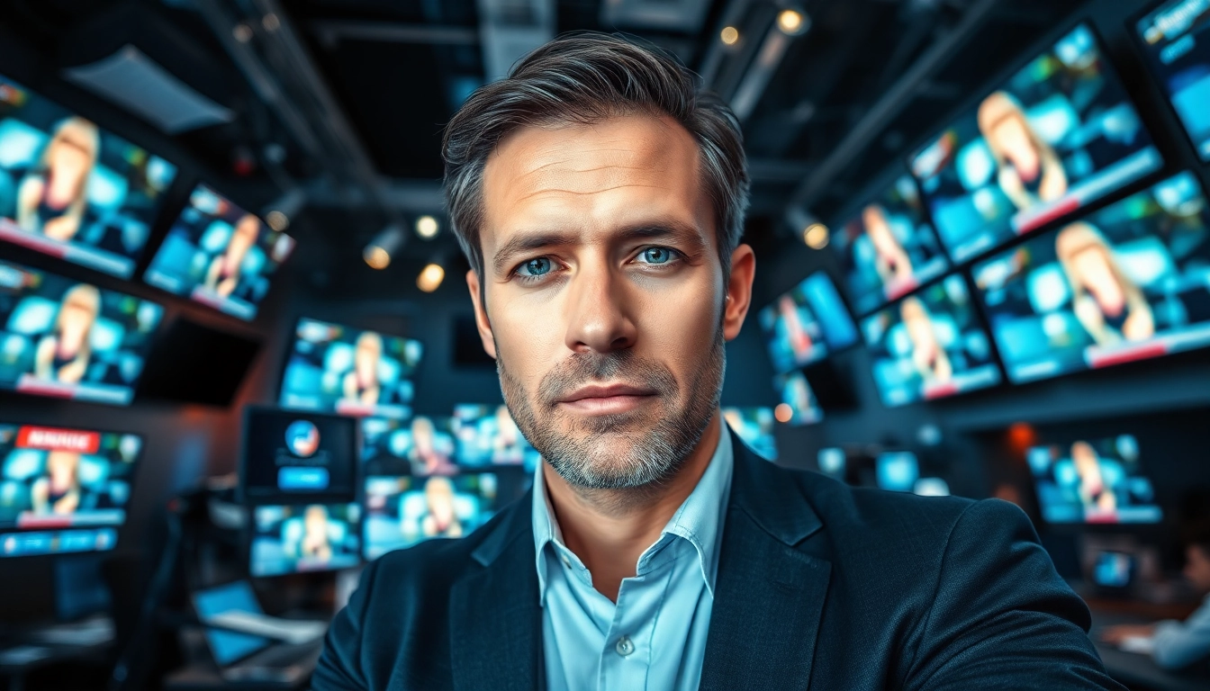 Capture breaking news with a dedicated journalist in an energetic newsroom setting.
