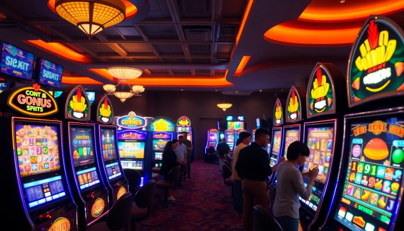 Menangkan bandar slot dengan mesin slot berwarna-warni di kasino yang ramai.