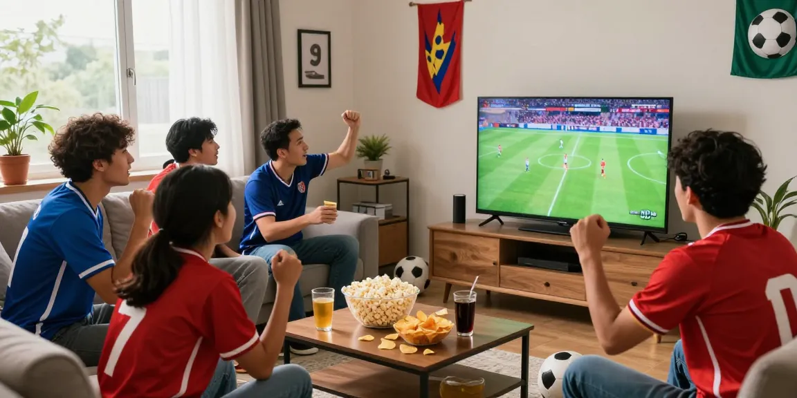 Nonton bola di ruang tamu dengan penggemar sepak bola bersemangat, menonton pertandingan secara langsung dengan kualitas tinggi.