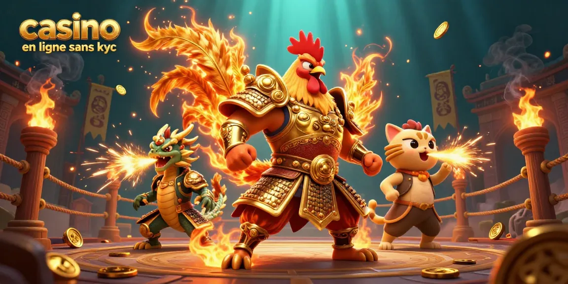 Découvrez un combat dynamique dans un casino en ligne sans KYC avec un coq guerrier et un dragon fantastique.